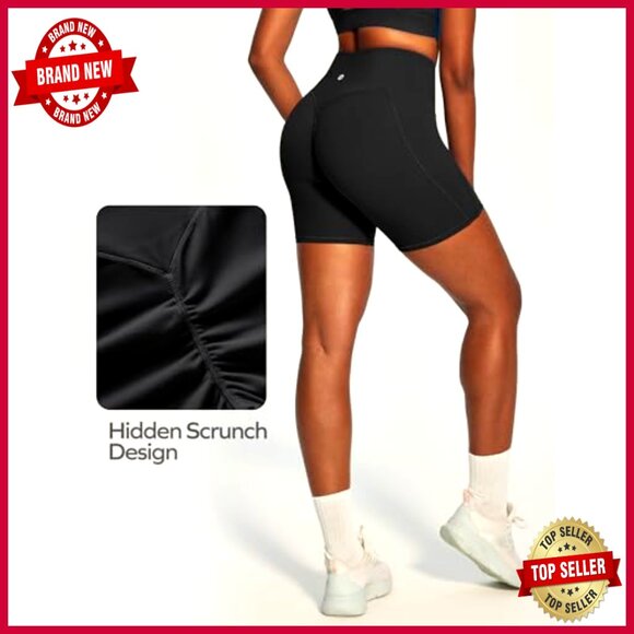 High Waisted Tummy Control Bike Shorts with Pockets for Workouts - Picture 5 of 6